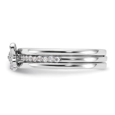 Sterling Silver RH-plated CZ Butterfly Ring with Two Plain Bands 3 Ring Set