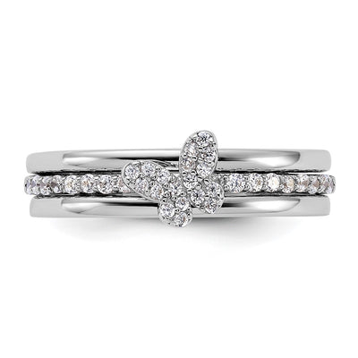 Sterling Silver RH-plated CZ Butterfly Ring with Two Plain Bands 3 Ring Set