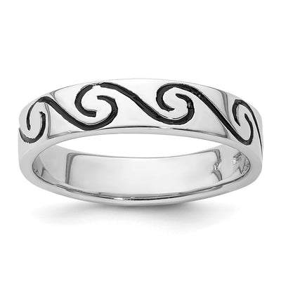 Sterling Silver Rhodium-plated Antiqued Wave Design Band Ring