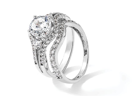 Sterling Silver Rhodium-plated CZ Engagement Ring and Band Set