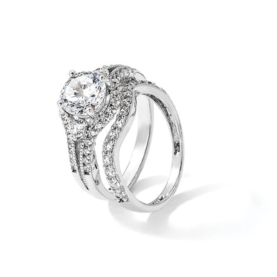 Sterling Silver Rhodium-plated CZ Engagement Ring and Band Set