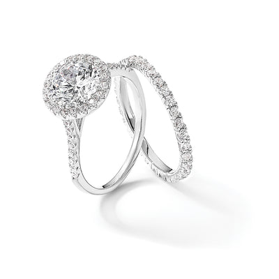 Sterling Silver RH-plated CZ Halo Engagement Ring and Eternity Band Set