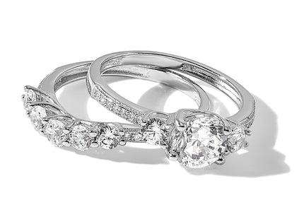 Sterling Silver Rhodium-plated CZ Engagement Ring and Band Set