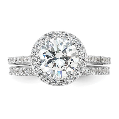 Sterling Silver Rh-plt CZ Halo Engagement/Eternity Band 2 Ring Set