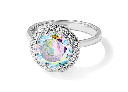 Sterling Silver Rhodium-plated Clear and Iridescent CZ Rnd Halo Ring