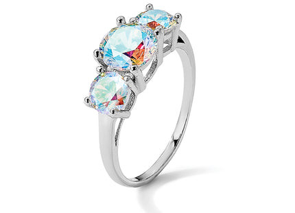 Sterling Silver Rhodium-plated Iridescent CZ 3-Stone Ring