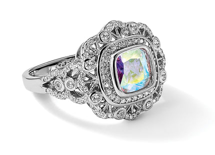 Sterling Silver Rhodium-plated Clear and Iridescent CZ Ring
