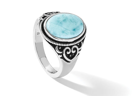 Sterling Silver Rhodium-plated Oxidized with Larimar Ring