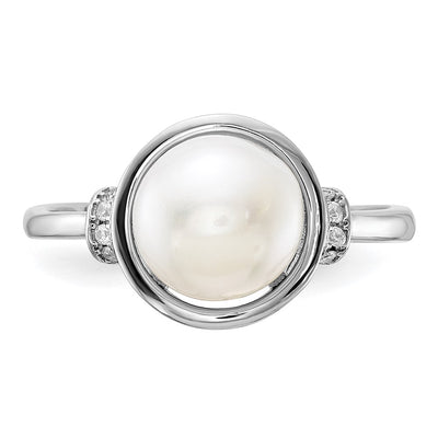 Sterling Silver Rhodium-plated White Button Freshwater Cultured Pearl and CZ Circle Ring