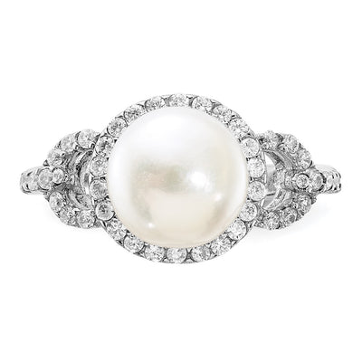 Sterling Silver Rhodium-plated White Button Freshwater Cultured Pearl and CZ Ring