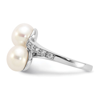 Sterling Silver Rhodium-plated White Button Freshwater Cultured Pearl and CZ Bypass Ring
