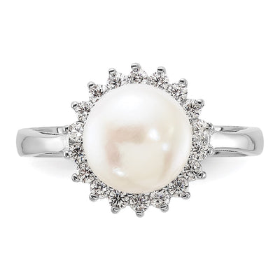 Sterling Silver Rhodium-plated White Freshwater Cultured Pearl and CZ Ring