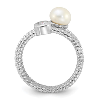Sterling Silver Rhodium-plated White Freshwater Cultured Pearl and CZ 3 Ring Set