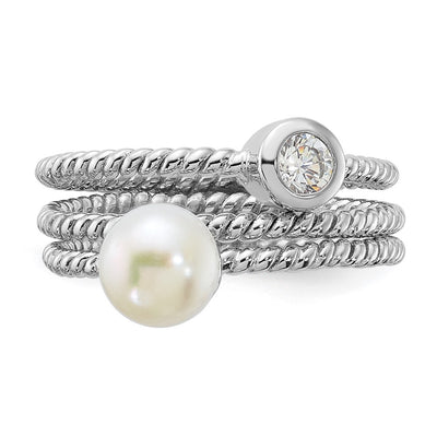 Sterling Silver Rhodium-plated White Freshwater Cultured Pearl and CZ 3 Ring Set