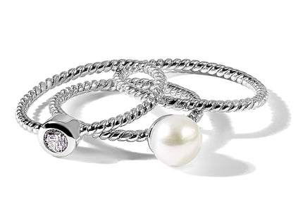 Sterling Silver Rhodium-plated 6- White Freshwater Cultured Pearl and CZ 3 Ring Set