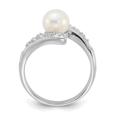 Sterling Silver Rhodium-plated White Freshwater Cultured Pearl and CZ Bypass Ring