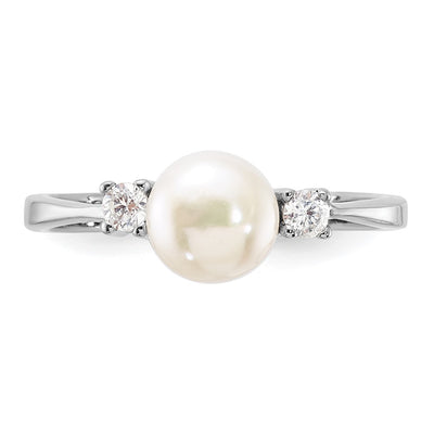 Sterling Silver Rhodium-plated White Freshwater Cultured Pearl and CZ Ring