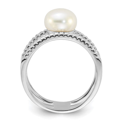 Sterling Silver Rhodium-plated White Freshwater Cultured Pearl and CZ Ring