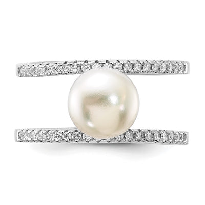 Sterling Silver Rhodium-plated White Freshwater Cultured Pearl and CZ Ring