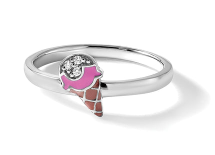 Sterling Silver Rhodium-plated Children's Size 3 Pink and Brown Enamel with CZ Ice Cream Cone Ring
