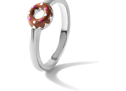 Sterling Silver Rhodium-plated Children's Size 3 Brown with Pink and White Enamel Sprinkled Donut Ring