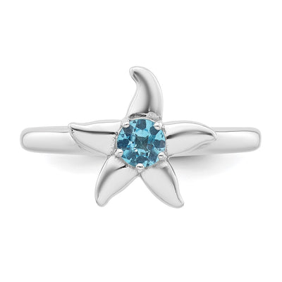 Sterling Silver Rhodium-plated Polished Round Light Swiss Blue Topaz Starfish Ring