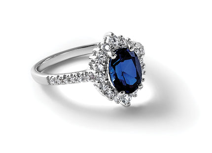 Sterling Silver Rhodium-plated Polished Lab Created Sapphire and CZ Oval Halo Size