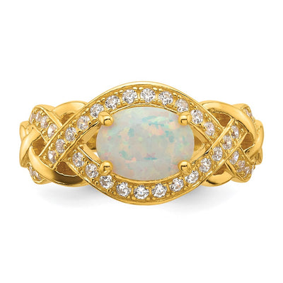 Sterling Silver Gold-tone Polished CZ and Lab Created Opal Size 6 Twisted Ring