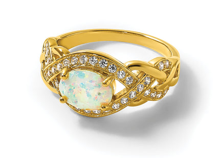 Sterling Silver Gold-tone Polished CZ and Lab Created Opal Size 6 Twisted Ring
