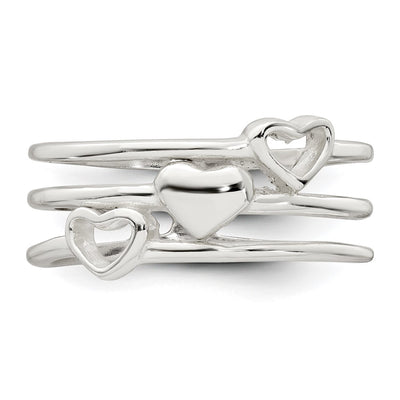 Sterling Silver Polished Hearts Three Band Size