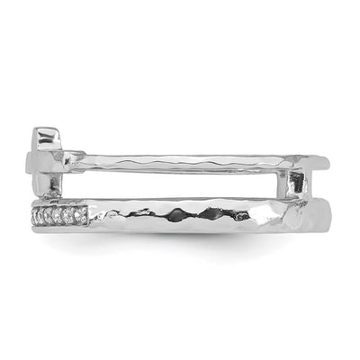 Sterling Silver Rhodium-plated Polished CZ and Hammered Cross Double Band Size
