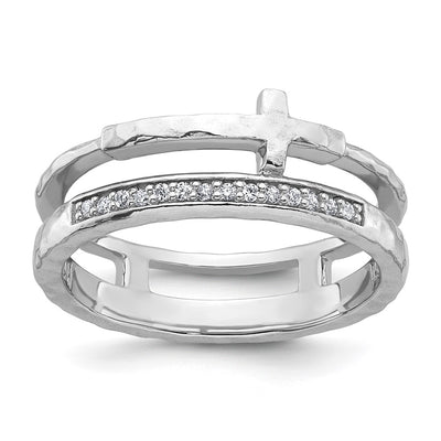 Sterling Silver Rhodium-plated Polished CZ and Hammered Cross Double Band Size