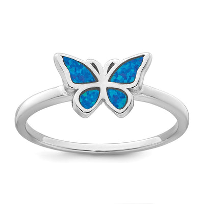 Sterling Silver Rhodium-plated Polished Blue Lab Created Opal Butterfly Size