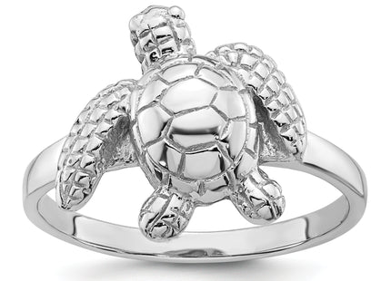 Sterling Silver Rhodium-plated Polished and Textured Sea Turtle Size