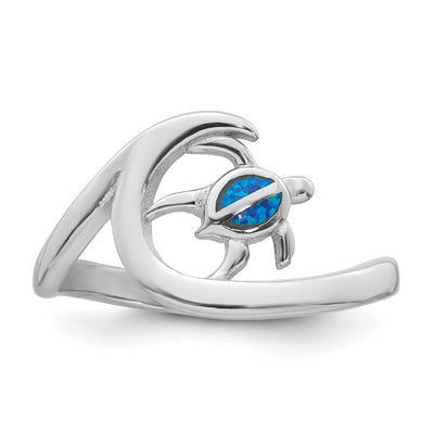 Sterling Silver Rhodium-plated Polished Blue Lab Created Opal Turtle on Wave Size