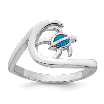 Sterling Silver Rhodium-plated Polished Blue Lab Created Opal Turtle on Wave Size