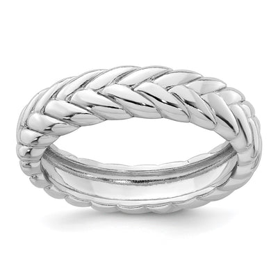 Sterling Silver Rhodium-plated Polished and Braided Band Size