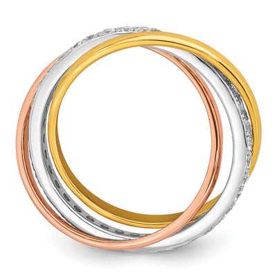 Sterling Silver Rhodium-plated Rose-tone and Gold-tone Polished CZ Intertwined Triple Band Size