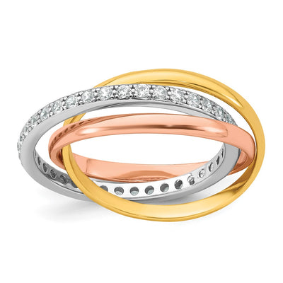 Sterling Silver Rhodium-plated Rose-tone and Gold-tone Polished CZ Intertwined Triple Band Size