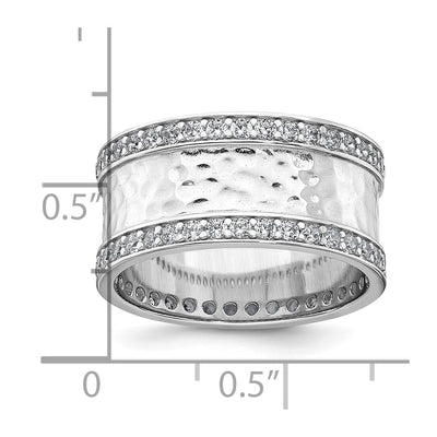 Sterling Silver Rhodium-plated CZ Polished And Hammered Band Size