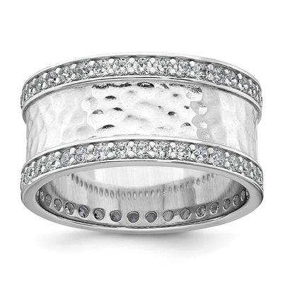 Sterling Silver Rhodium-plated CZ Polished And Hammered Band Size