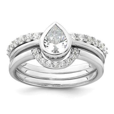 Sterling Silver Rhodium-plated Polished Pear Shape White CZ Ring with 2 Fitted CZ Bands Size 6 Three Ring Set