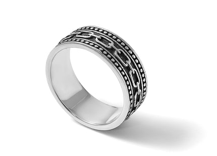 Sterling Silver Polished Beaded Antiqued Chain Link Band Size 9 Mens Ring