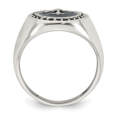 Sterling Silver Polished Fleur de Lis Black Enameled and Black Nano Crystals Size 9 Mens Signet Ring