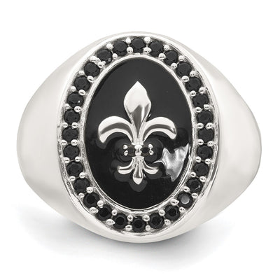 Sterling Silver Polished Fleur de Lis Black Enameled and Black Nano Crystals Size 9 Mens Signet Ring