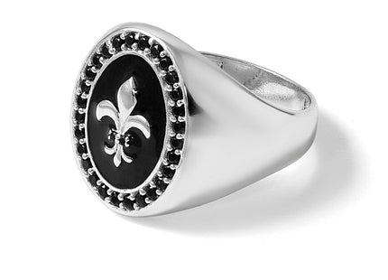 Sterling Silver Polished Fleur de Lis Black Enameled and Black Nano Crystals Size 9 Mens Signet Ring