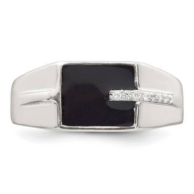Sterling Silver Polished Black Enameled and White CZ Mens Signet Ring