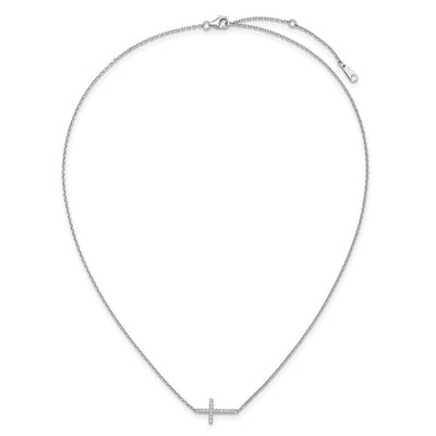 Sterling Shimmer Sterling Silver Rhodium-plated CZ 16 Stone Sideway Cross with Extension Necklace