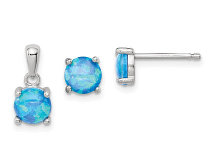 Sterling Silver Rhodium-plated Created Opal Pendant and Earring Set (Style QST205)