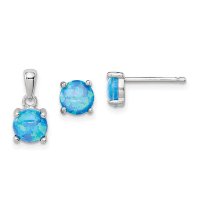 Sterling Silver Rhodium-plated Created Opal Pendant and Earring Set, 6 x 6mm